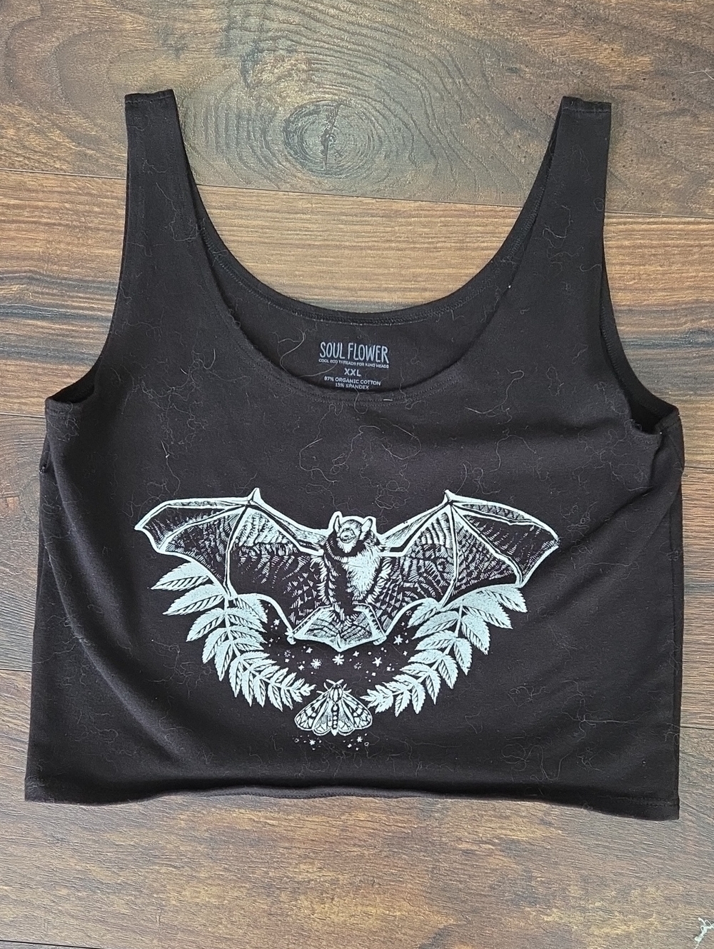 Soul Flower Black Crop Tank with Mint Bat and Leaf Print